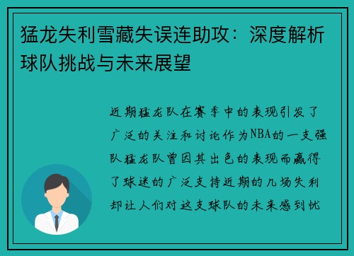 猛龙失利雪藏失误连助攻：深度解析球队挑战与未来展望