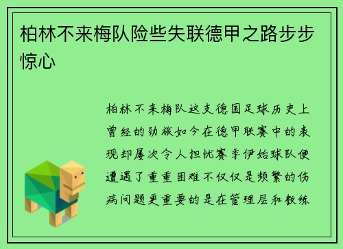 柏林不来梅队险些失联德甲之路步步惊心